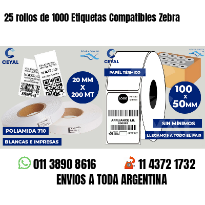 25 rollos de 1000 Etiquetas Compatibles Zebra 