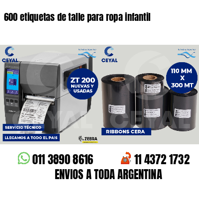 600 etiquetas de talle para ropa infantil