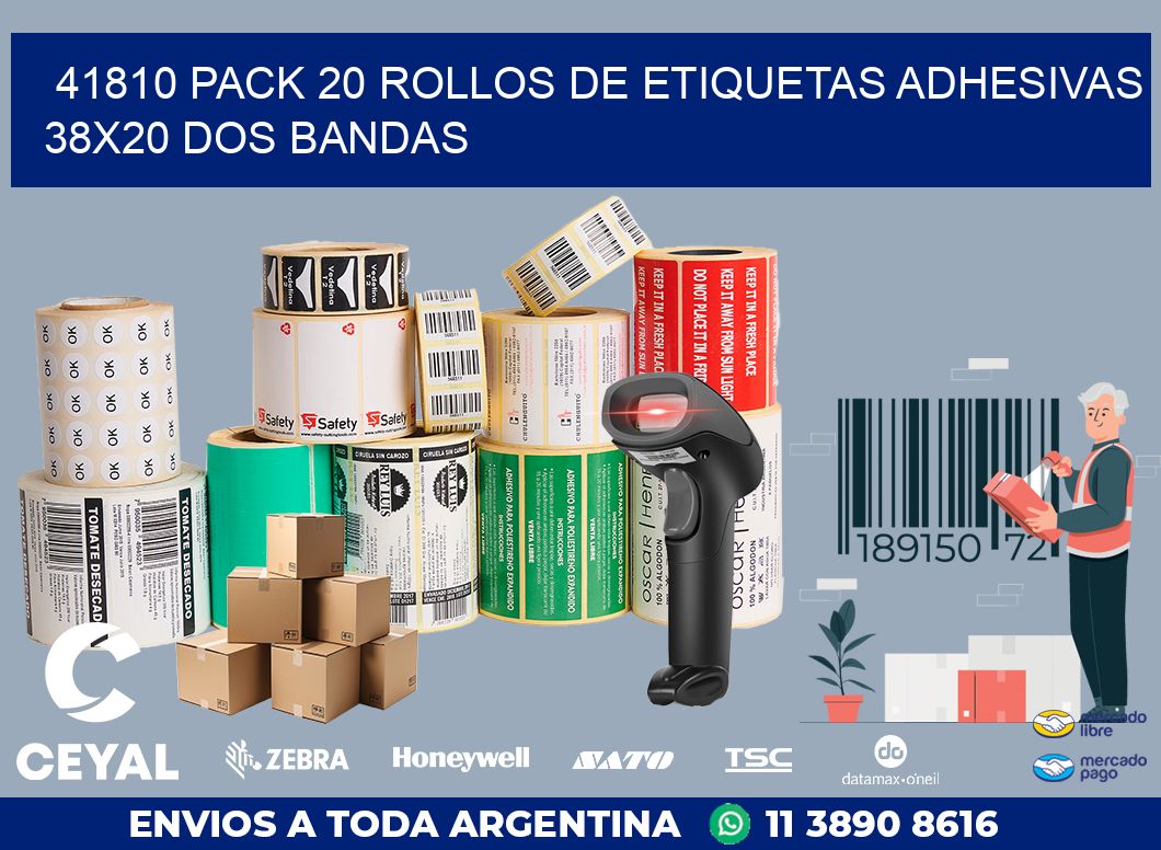 41810 PACK 20 ROLLOS DE ETIQUETAS ADHESIVAS 38X20 DOS BANDAS