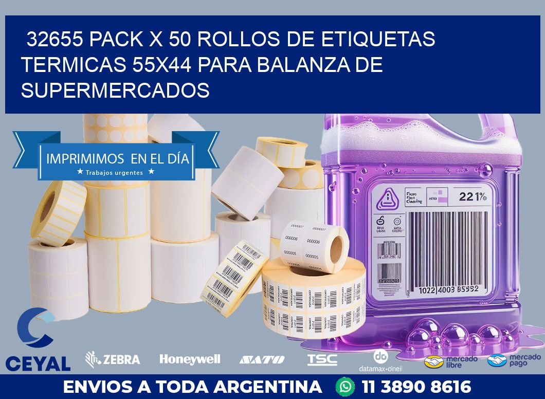 32655 PACK X 50 ROLLOS DE ETIQUETAS TERMICAS 55X44 PARA BALANZA DE SUPERMERCADOS