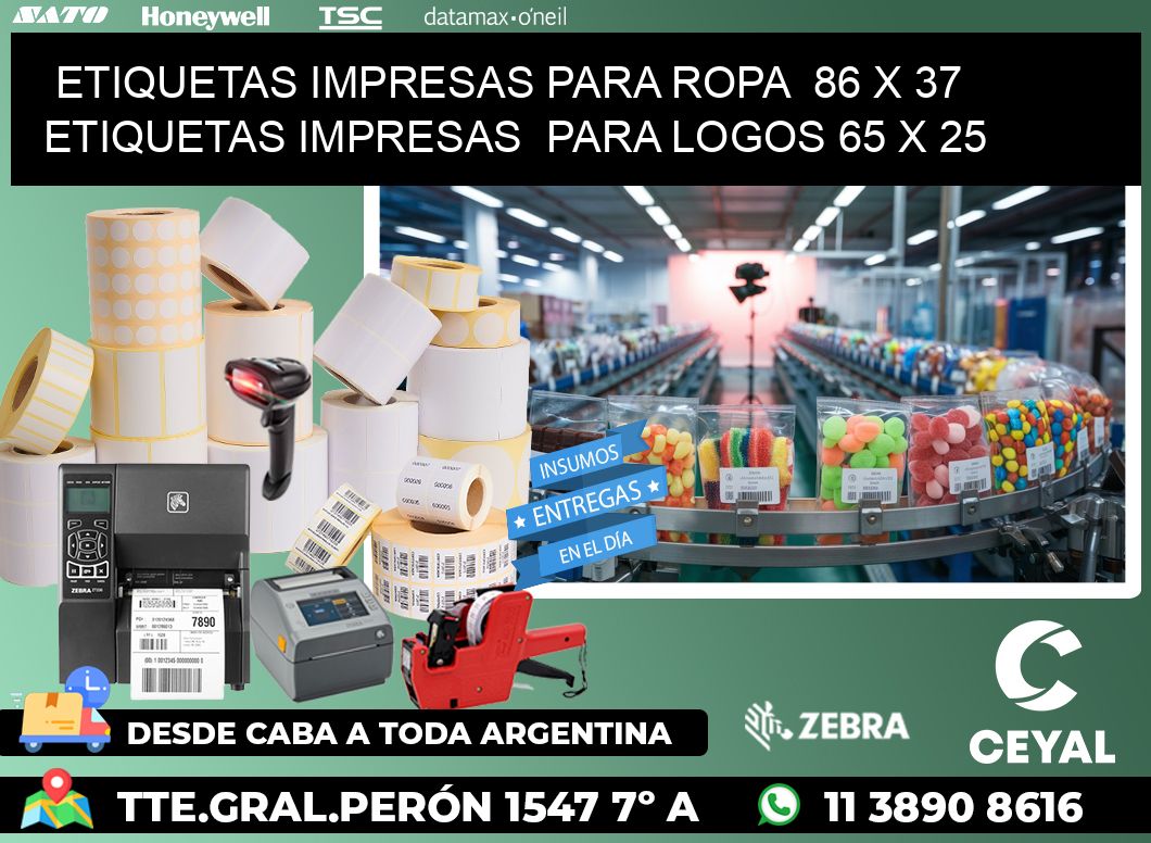 ETIQUETAS IMPRESAS PARA ROPA 86 x 37 ETIQUETAS IMPRESAS PARA LOGOS 65 x 25