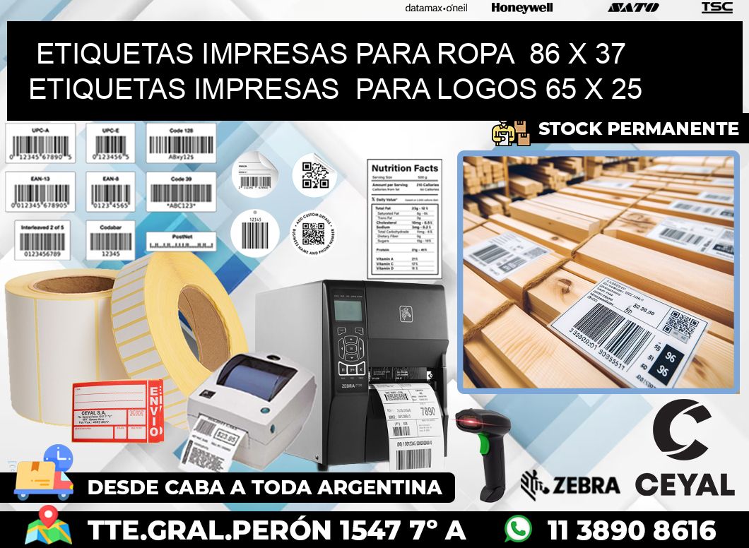 ETIQUETAS IMPRESAS PARA ROPA  86 x 37 ETIQUETAS IMPRESAS  PARA LOGOS 65 x 25