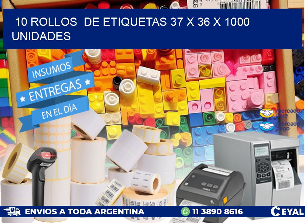 10 ROLLOS DE ETIQUETAS 37 x 36 X 1000 UNIDADES