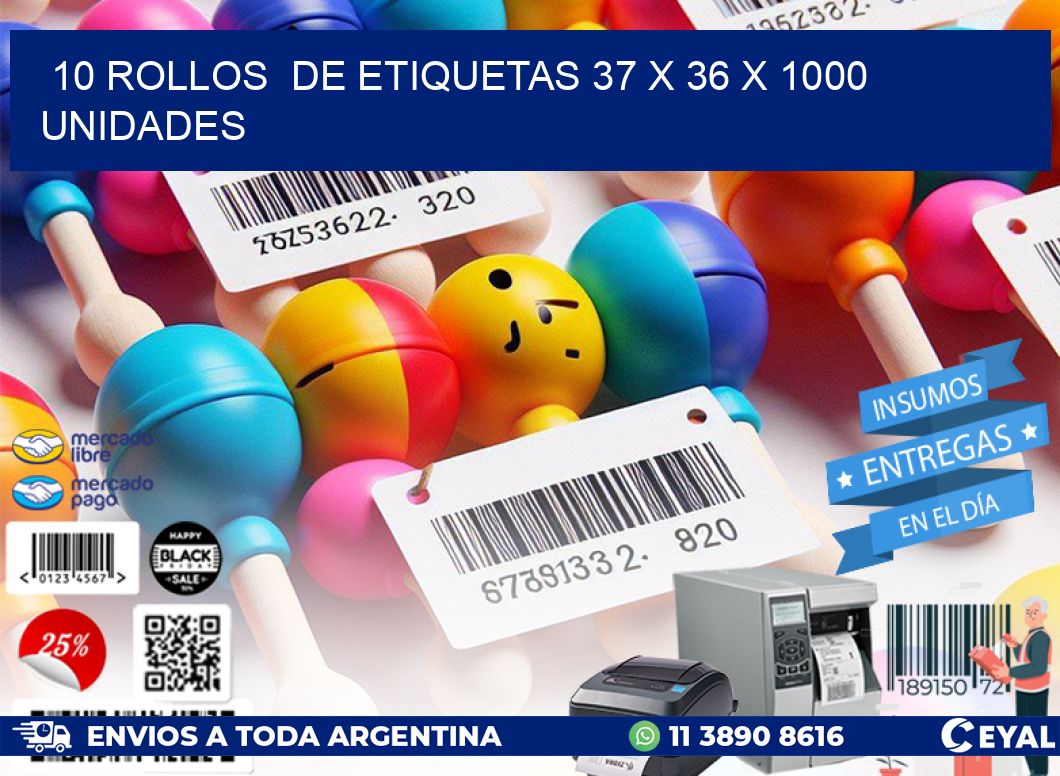 10 ROLLOS DE ETIQUETAS 37 x 36 X 1000 UNIDADES