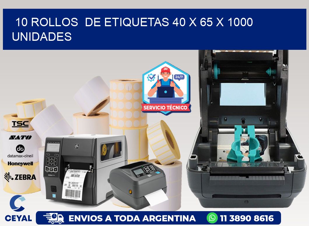 10 ROLLOS DE ETIQUETAS 40 x 65 X 1000 UNIDADES