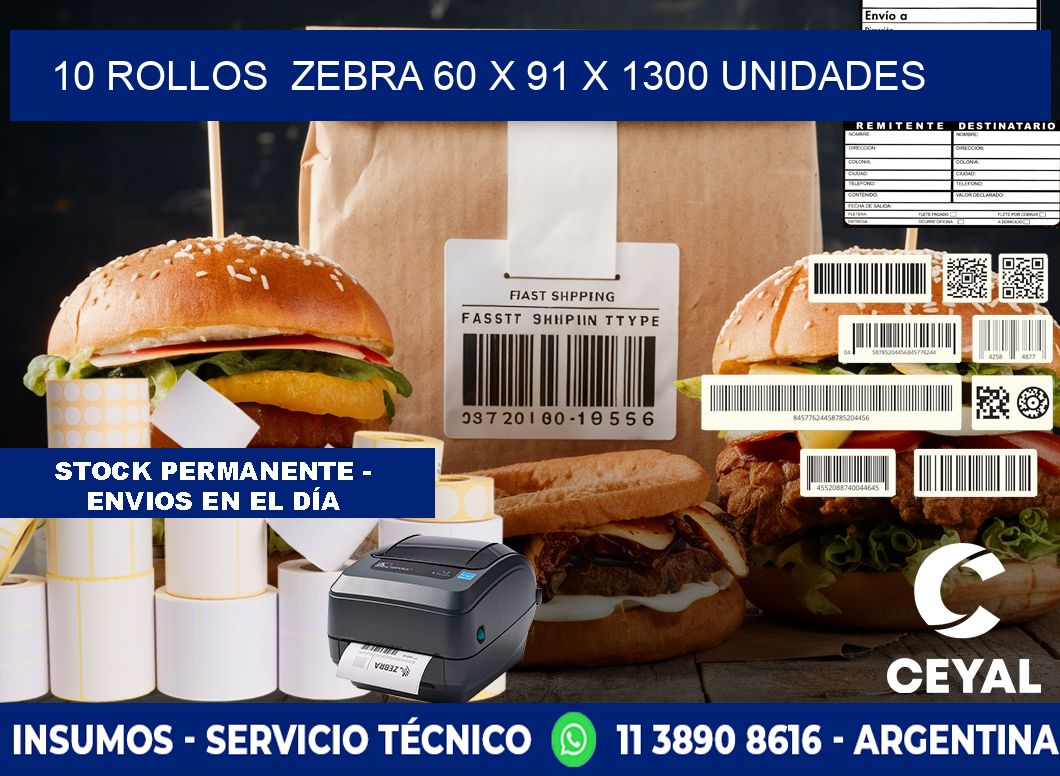 10 ROLLOS ZEBRA 60 x 91 X 1300 UNIDADES