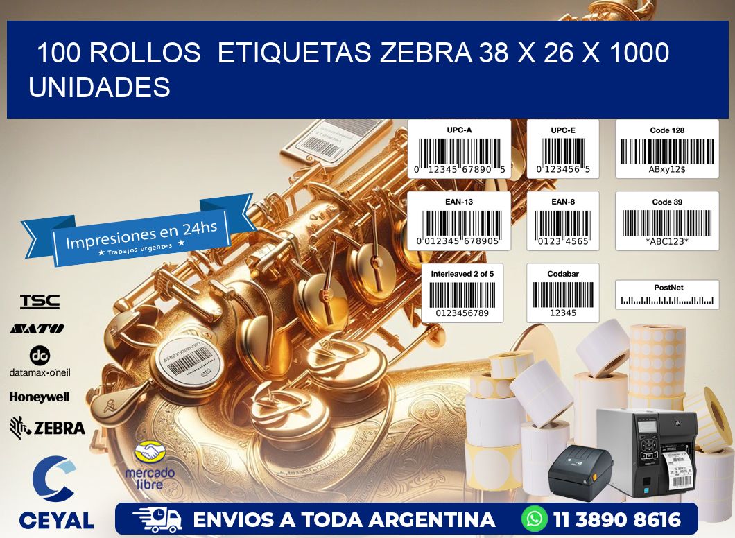 100 ROLLOS ETIQUETAS ZEBRA 38 x 26 X 1000 UNIDADES