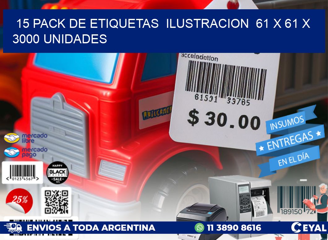 15 PACK DE ETIQUETAS  ILUSTRACION  61 x 61 X 3000 UNIDADES