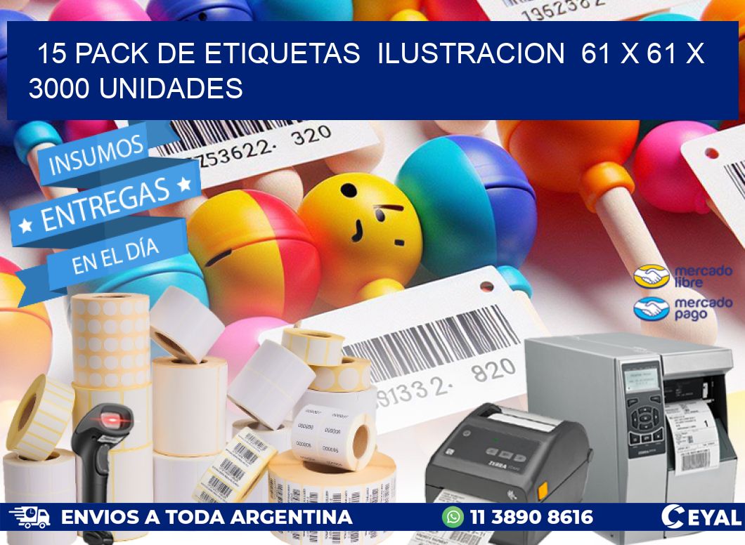 15 PACK DE ETIQUETAS  ILUSTRACION  61 x 61 X 3000 UNIDADES