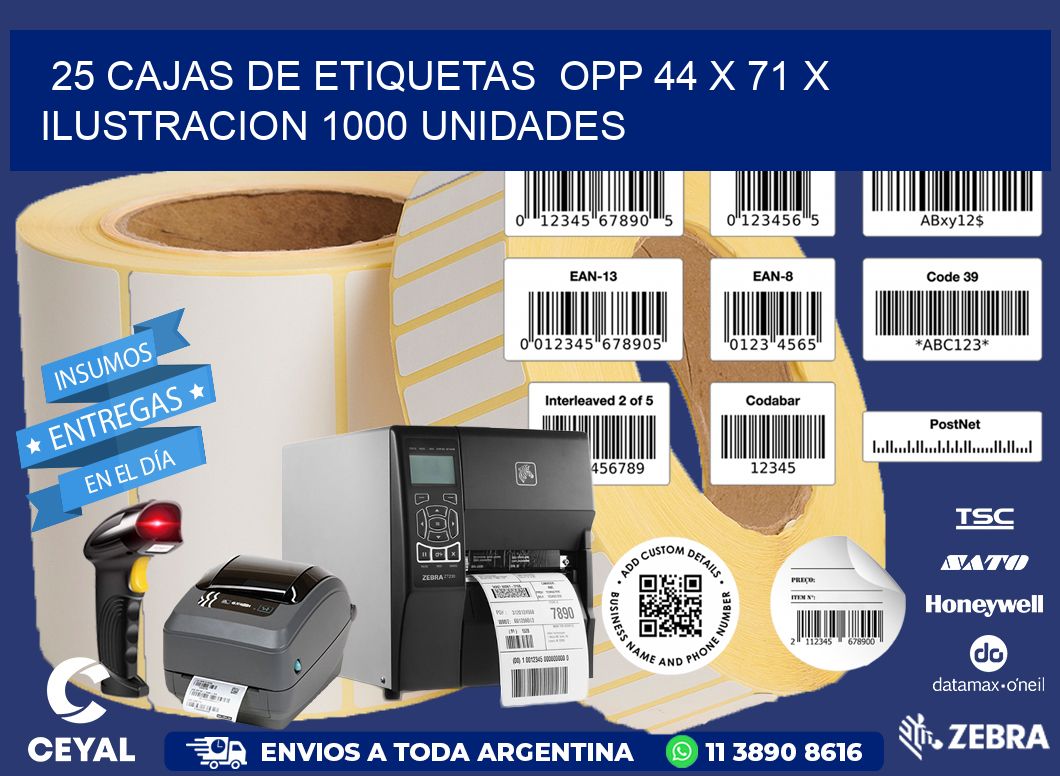25 CAJAS DE ETIQUETAS OPP 44 x 71 X ILUSTRACION 1000 UNIDADES