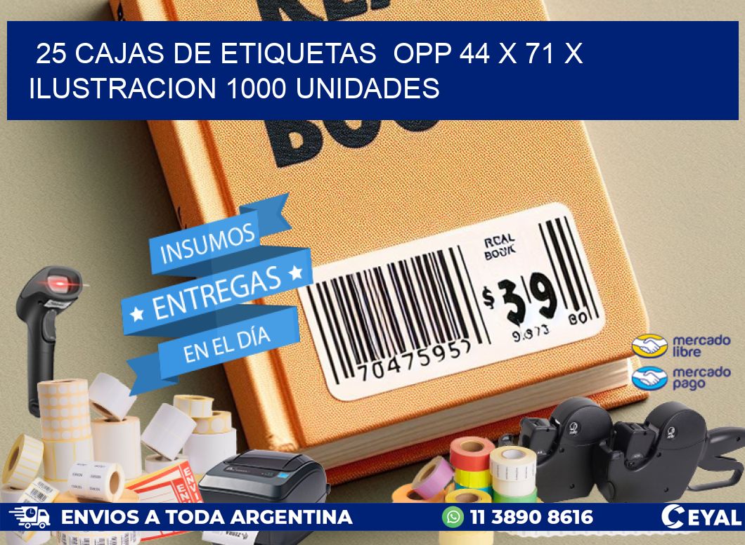 25 CAJAS DE ETIQUETAS OPP 44 x 71 X ILUSTRACION 1000 UNIDADES