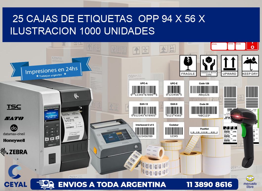 25 CAJAS DE ETIQUETAS OPP 94 x 56 X ILUSTRACION 1000 UNIDADES
