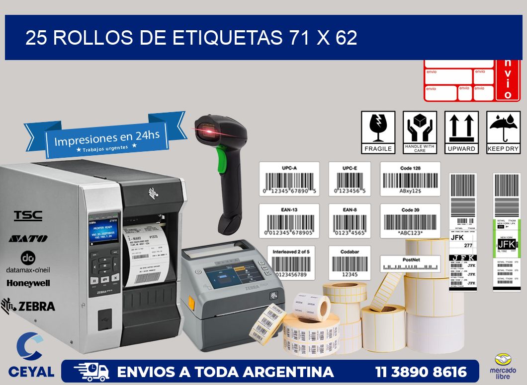 25 ROLLOS DE ETIQUETAS 71 x 62