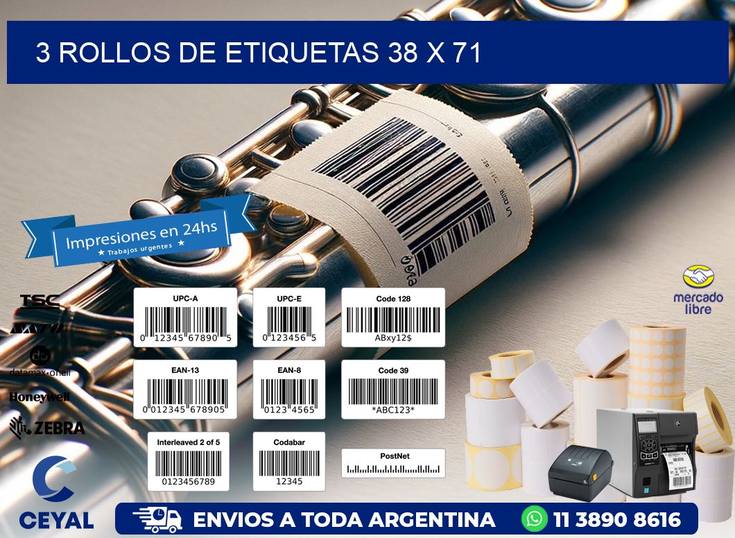 3 ROLLOS DE ETIQUETAS 38 x 71