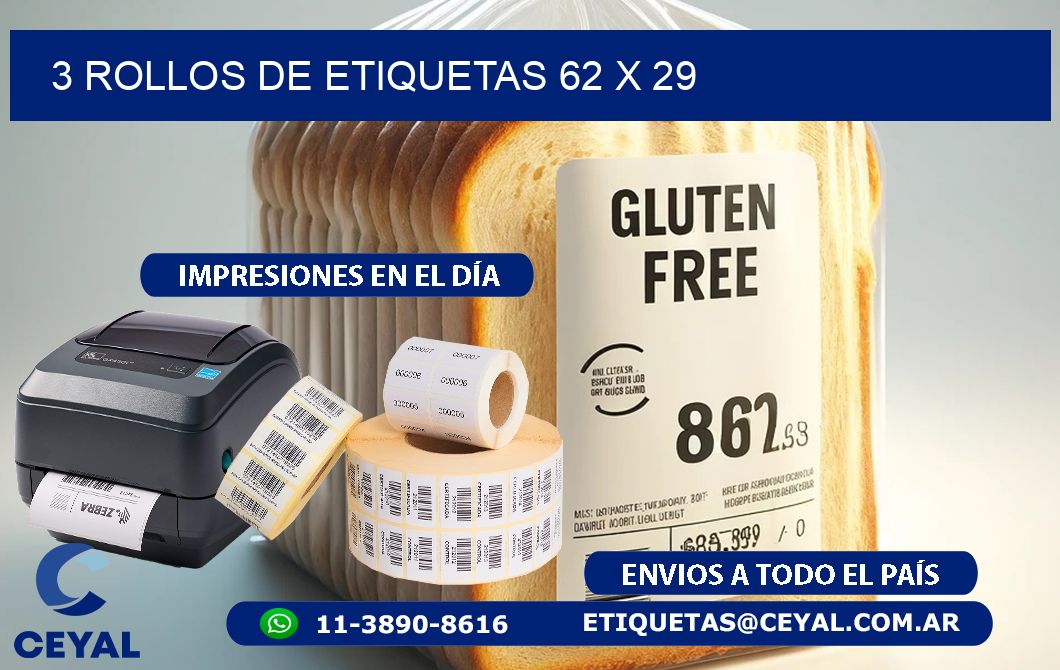 3 ROLLOS DE ETIQUETAS 62 x 29