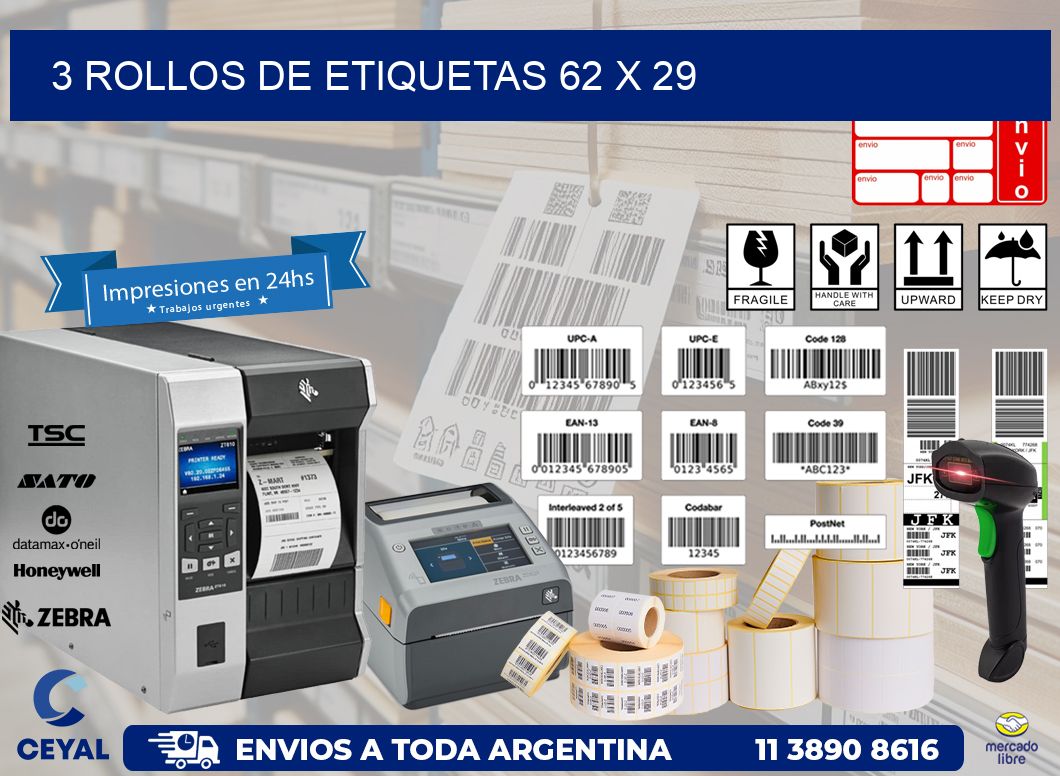3 ROLLOS DE ETIQUETAS 62 x 29