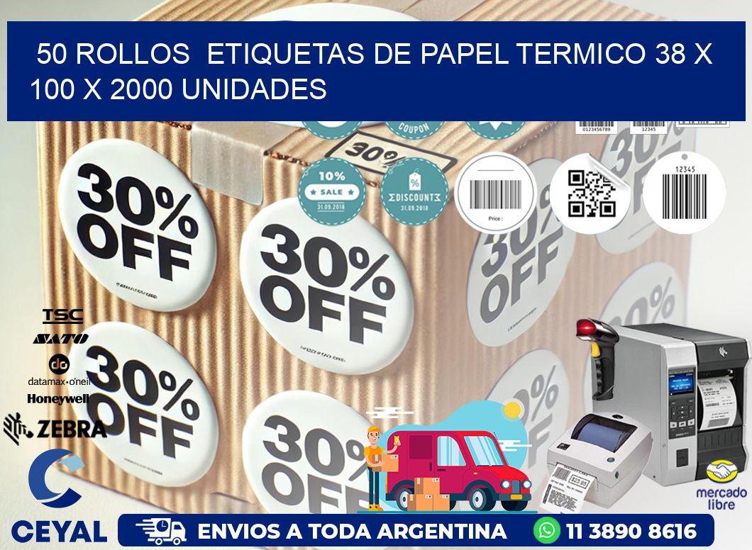 50 ROLLOS ETIQUETAS DE PAPEL TERMICO 38 x 100 X 2000 UNIDADES