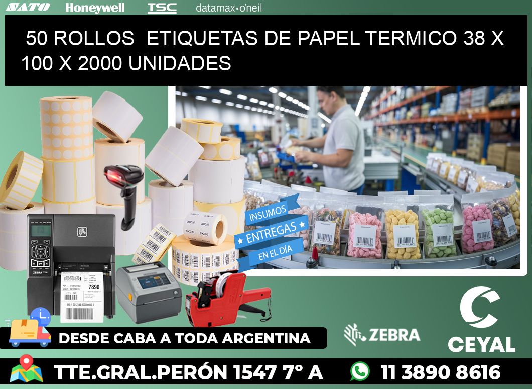 50 ROLLOS ETIQUETAS DE PAPEL TERMICO 38 x 100 X 2000 UNIDADES