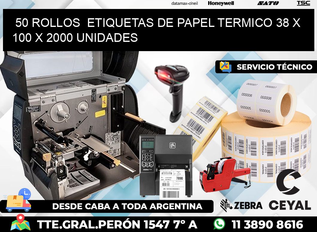 50 ROLLOS ETIQUETAS DE PAPEL TERMICO 38 x 100 X 2000 UNIDADES