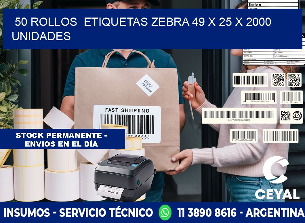 50 ROLLOS ETIQUETAS ZEBRA 49 x 25 X 2000 UNIDADES