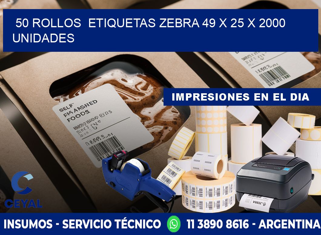 50 ROLLOS ETIQUETAS ZEBRA 49 x 25 X 2000 UNIDADES