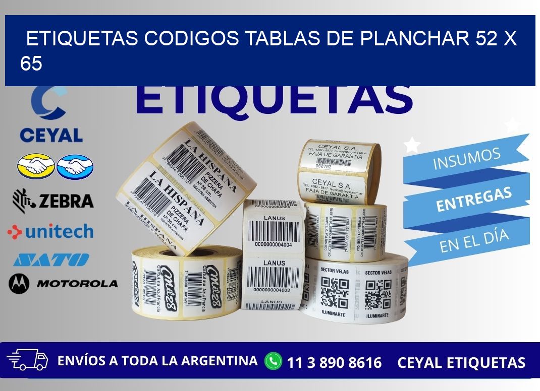 ETIQUETAS CODIGOS TABLAS DE PLANCHAR 52 x 65
