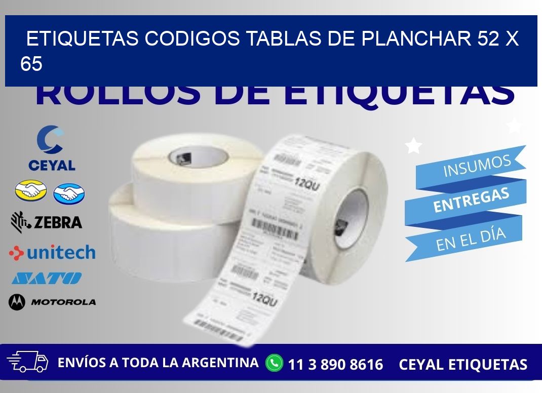 ETIQUETAS CODIGOS TABLAS DE PLANCHAR 52 x 65