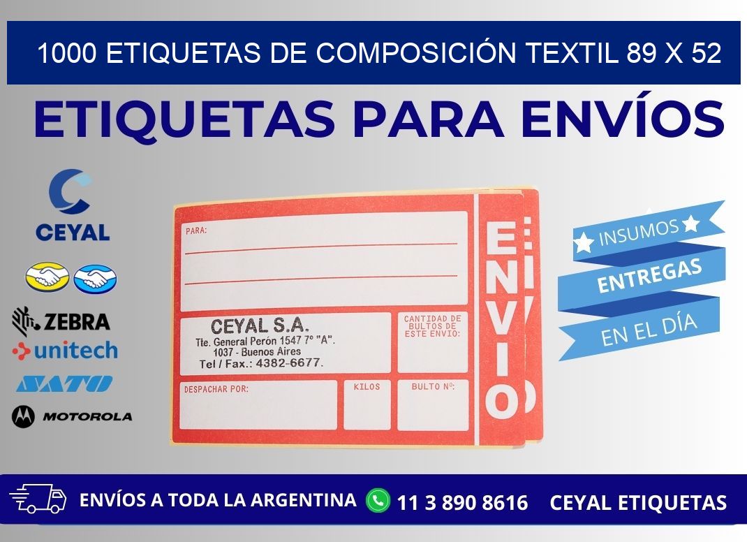 1000 ETIQUETAS DE COMPOSICIÓN TEXTIL 89 x 52