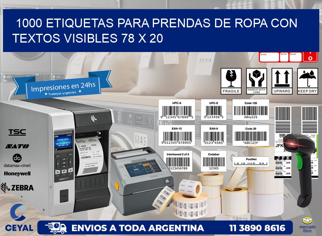 1000 ETIQUETAS PARA PRENDAS DE ROPA CON TEXTOS VISIBLES 78 x 20