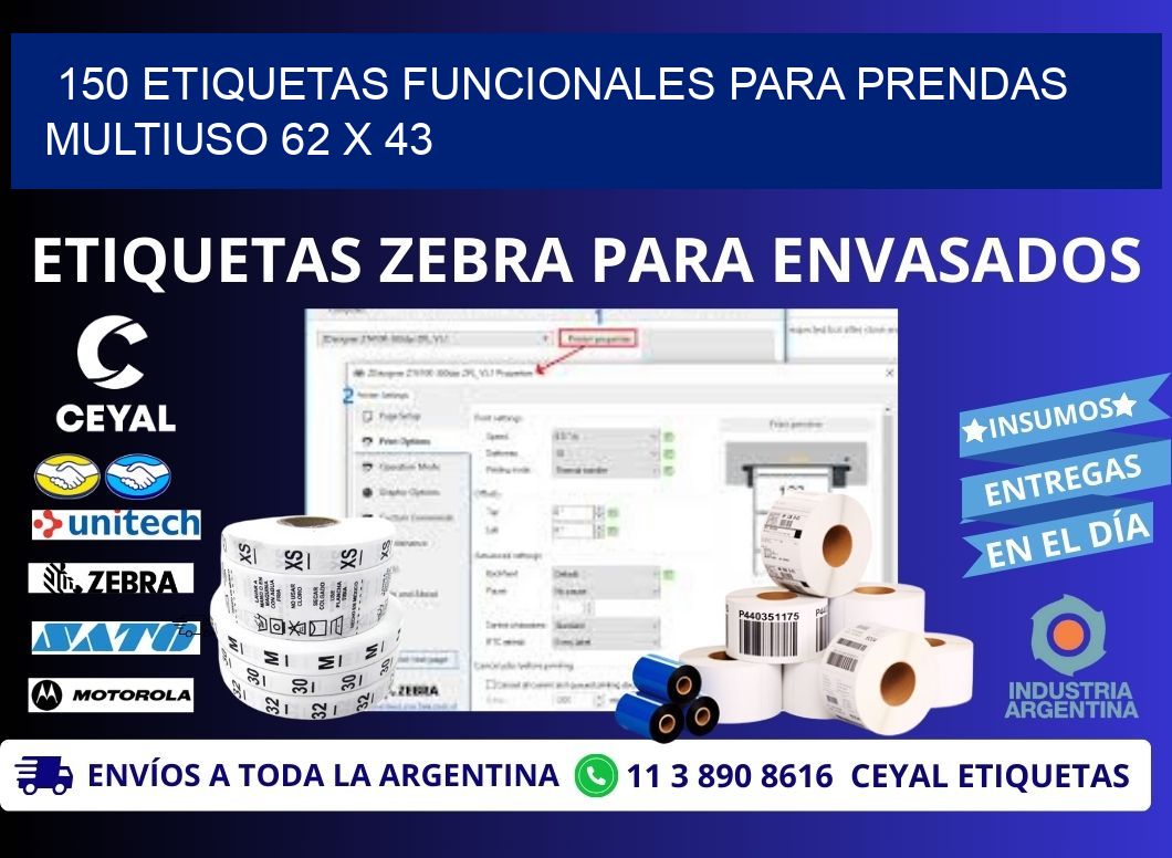 150 ETIQUETAS FUNCIONALES PARA PRENDAS MULTIUSO 62 x 43
