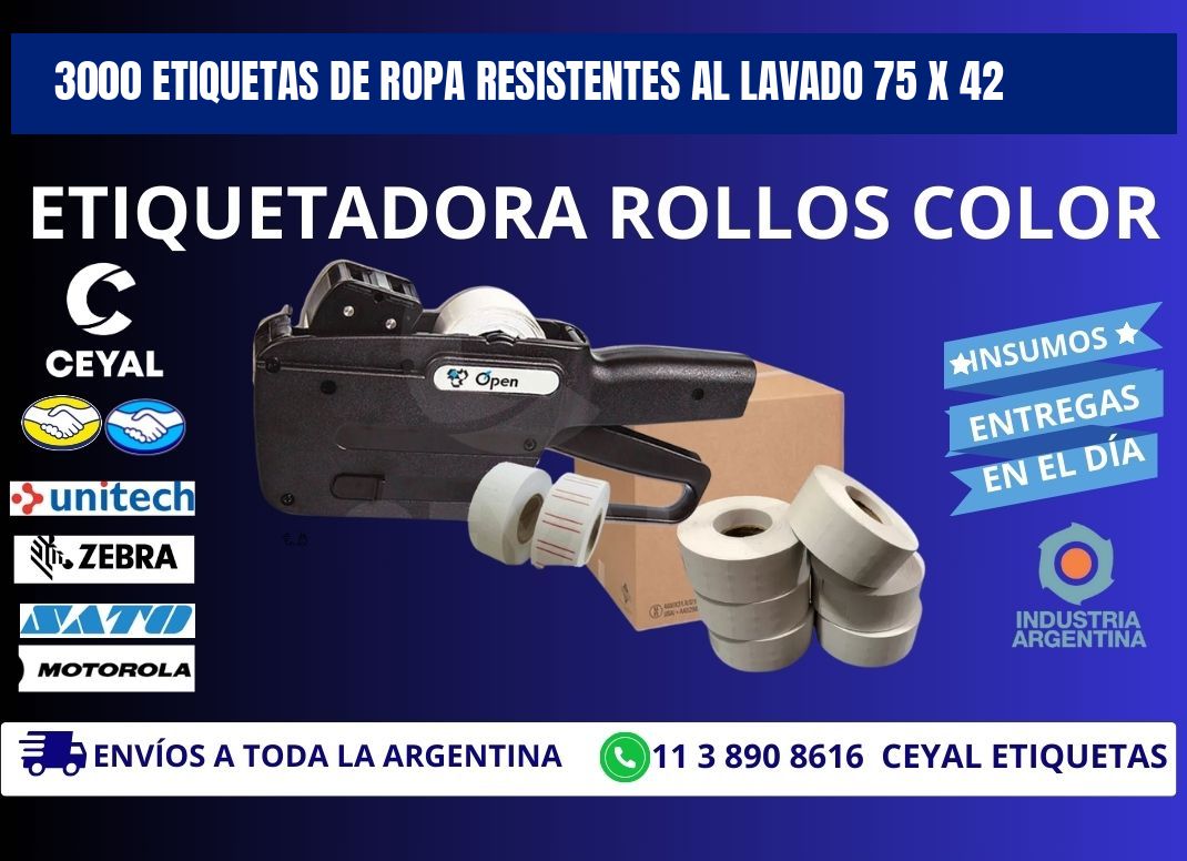 3000 ETIQUETAS DE ROPA RESISTENTES AL LAVADO 75 x 42