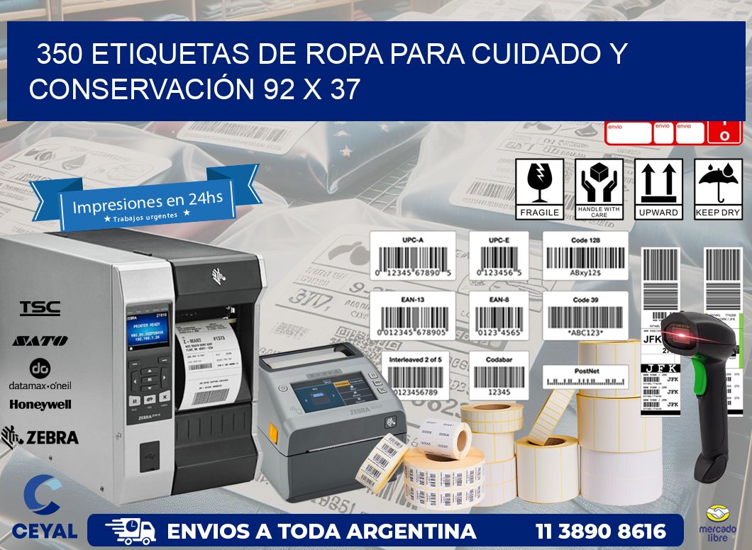 350 ETIQUETAS DE ROPA PARA CUIDADO Y CONSERVACIÓN 92 x 37