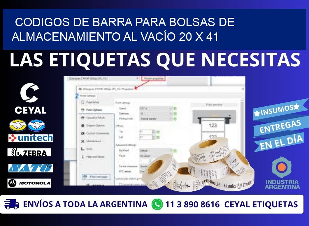 CODIGOS DE BARRA PARA BOLSAS DE ALMACENAMIENTO AL VACÍO 20 x 41