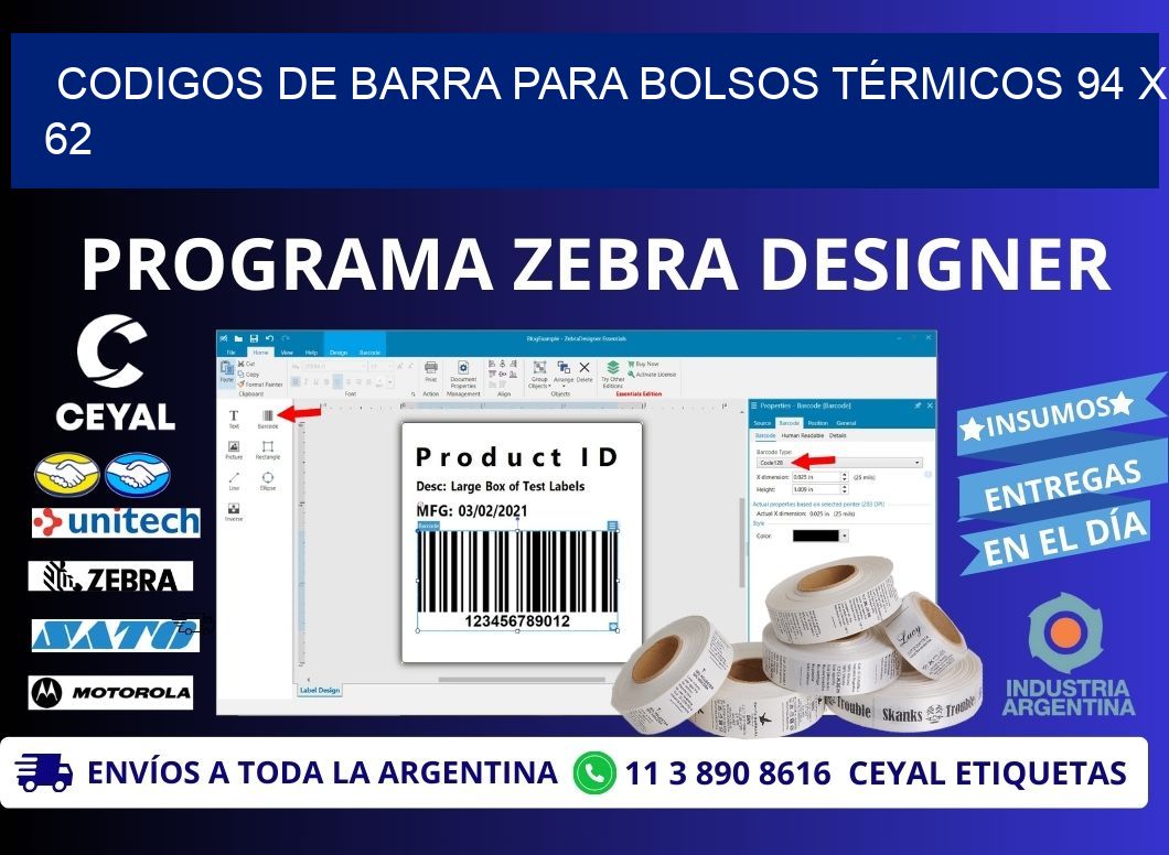 CODIGOS DE BARRA PARA BOLSOS TÉRMICOS 94 x 62