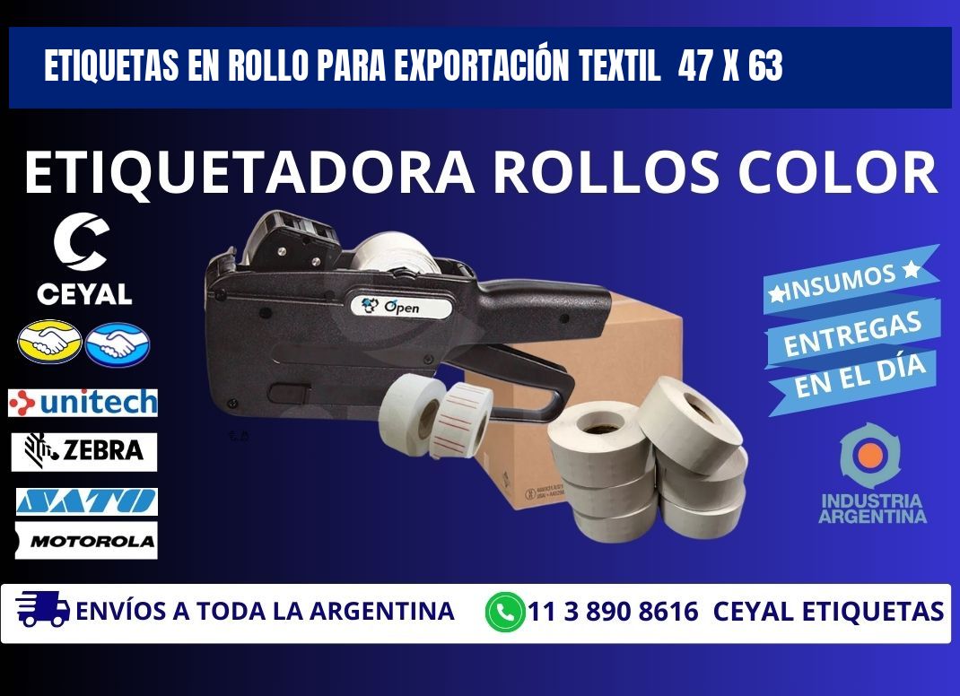 ETIQUETAS EN ROLLO PARA EXPORTACIÓN TEXTIL 47 x 63