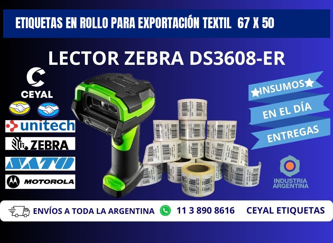 ETIQUETAS EN ROLLO PARA EXPORTACIÓN TEXTIL  67 x 50