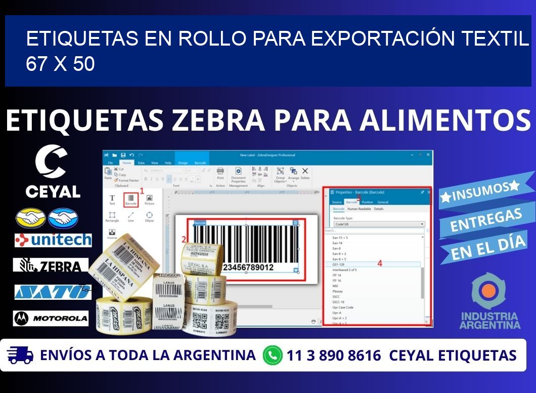 ETIQUETAS EN ROLLO PARA EXPORTACIÓN TEXTIL  67 x 50