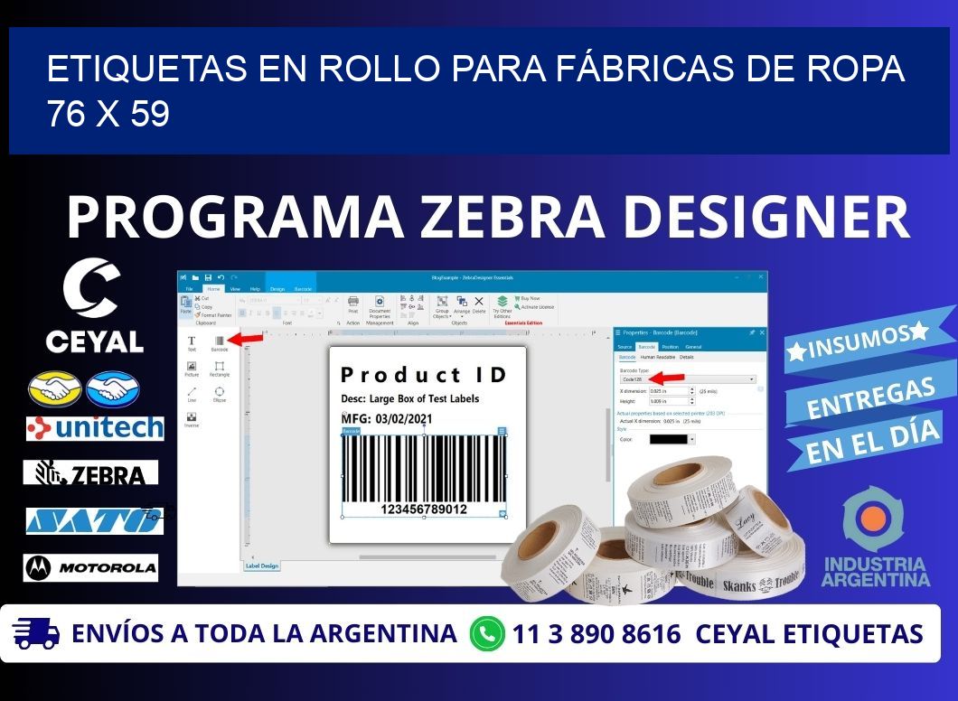 ETIQUETAS EN ROLLO PARA FÁBRICAS DE ROPA  76 x 59