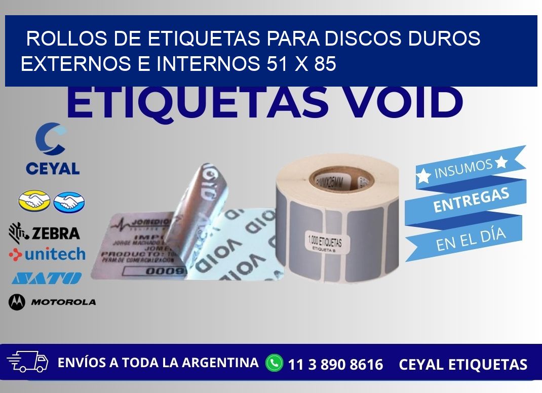 ROLLOS DE ETIQUETAS PARA DISCOS DUROS EXTERNOS E INTERNOS 51 x 85