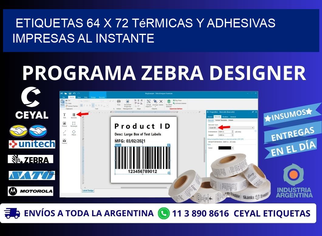Etiquetas 64 x 72 Térmicas y Adhesivas Impresas al Instante