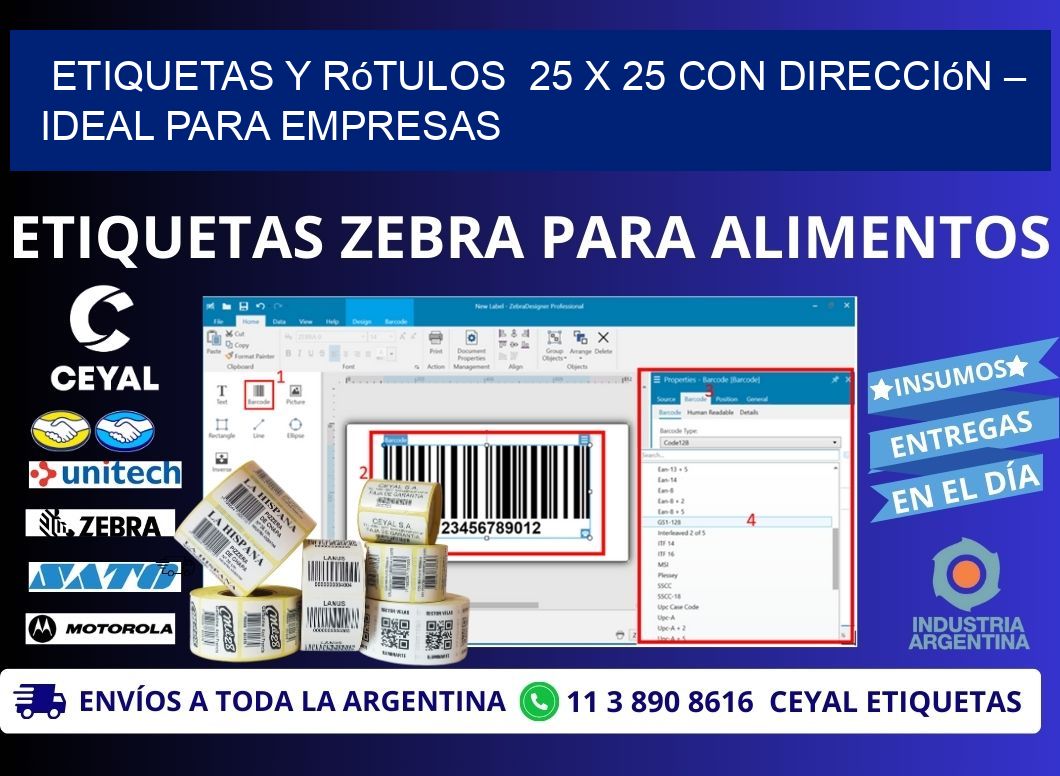 Etiquetas y Rótulos 25 x 25 con Dirección – Ideal para Empresas