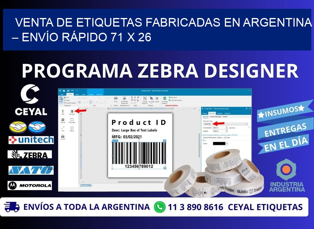 VENTA DE ETIQUETAS FABRICADAS EN ARGENTINA – ENVÍO RÁPIDO 71 x 26