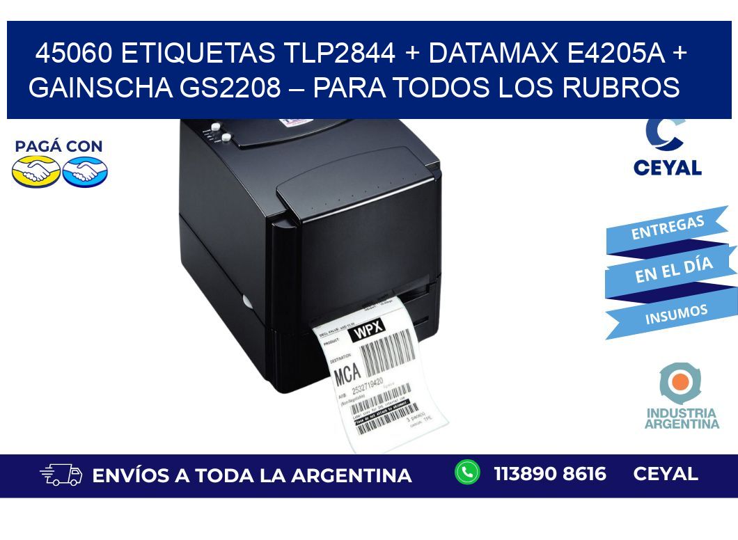 45060 ETIQUETAS TLP2844 + Datamax E4205A + Gainscha GS2208 – Para todos los rubros