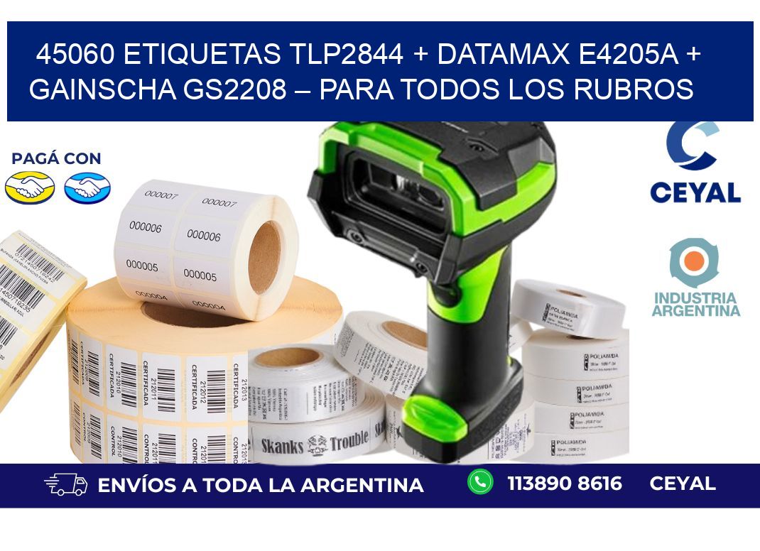 45060 ETIQUETAS TLP2844 + Datamax E4205A + Gainscha GS2208 – Para todos los rubros