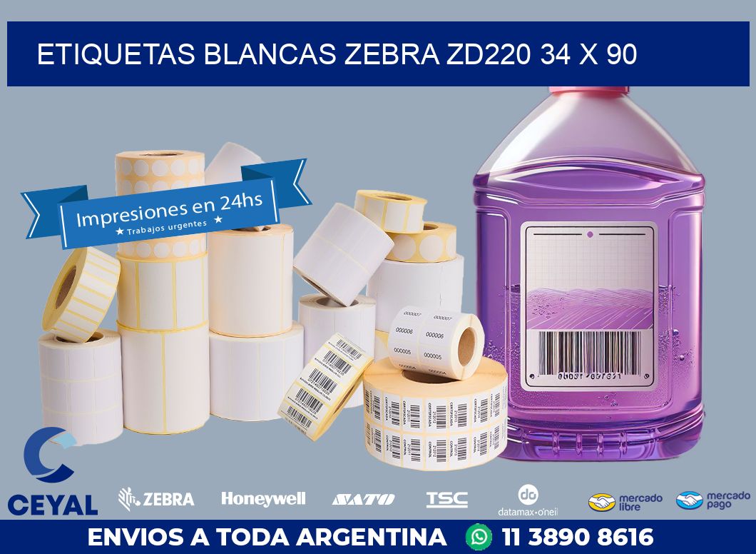 ETIQUETAS BLANCAS ZEBRA ZD220 34 x 90