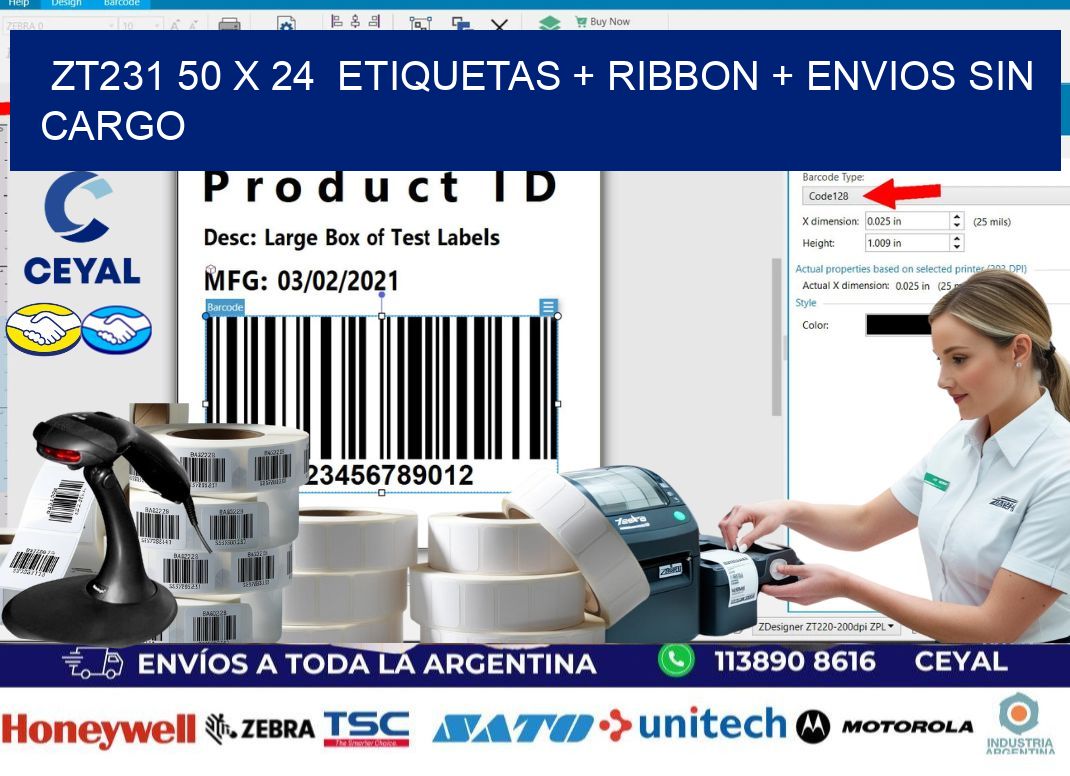 ZT231 50 x 24  etiquetas + ribbon + envios sin cargo