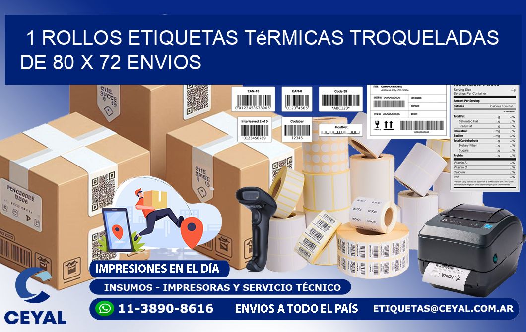 1 Rollos Etiquetas Térmicas Troqueladas De 80 x 72 ENVIOS