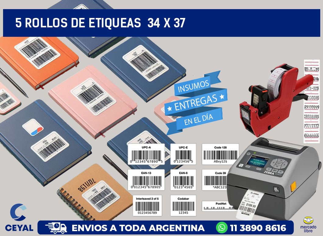 5 ROLLOS DE ETIQUEAS 34 x 37