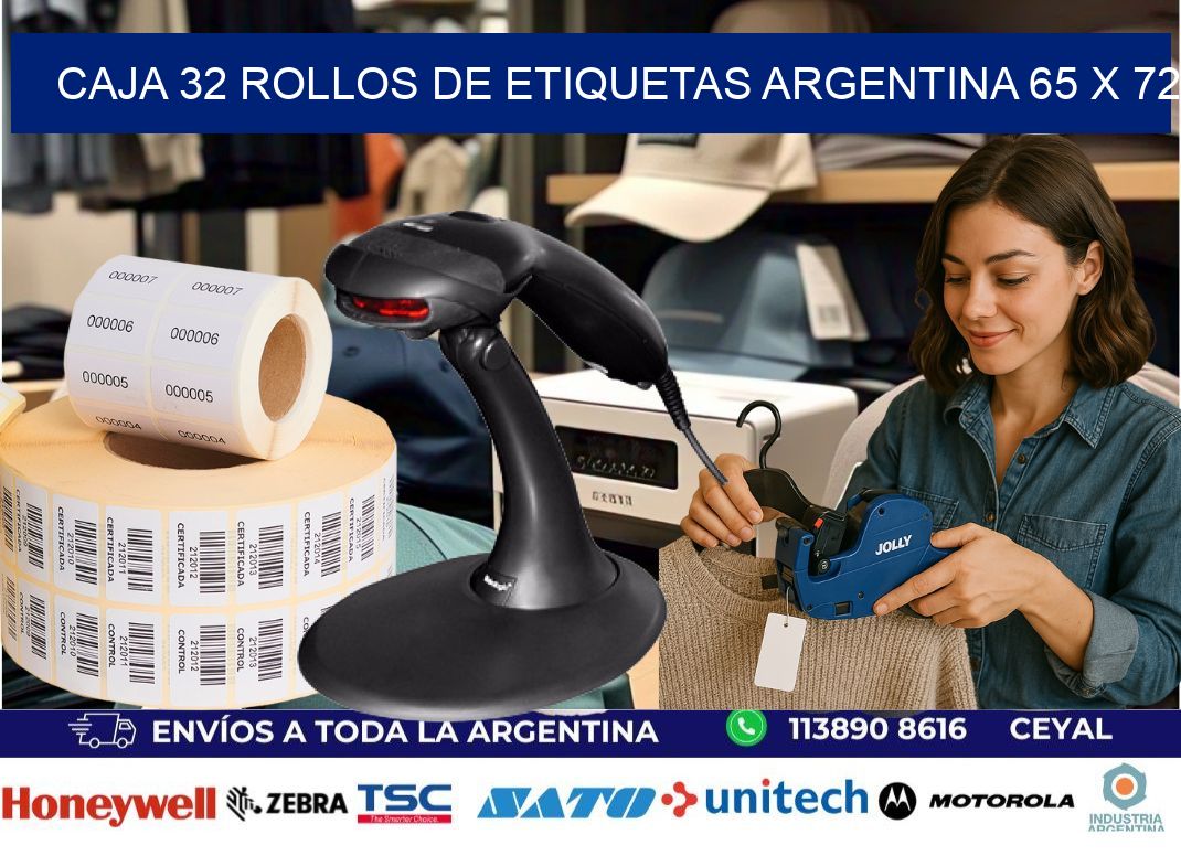 CAJA 32 ROLLOS DE ETIQUETAS ARGENTINA 65 x 72