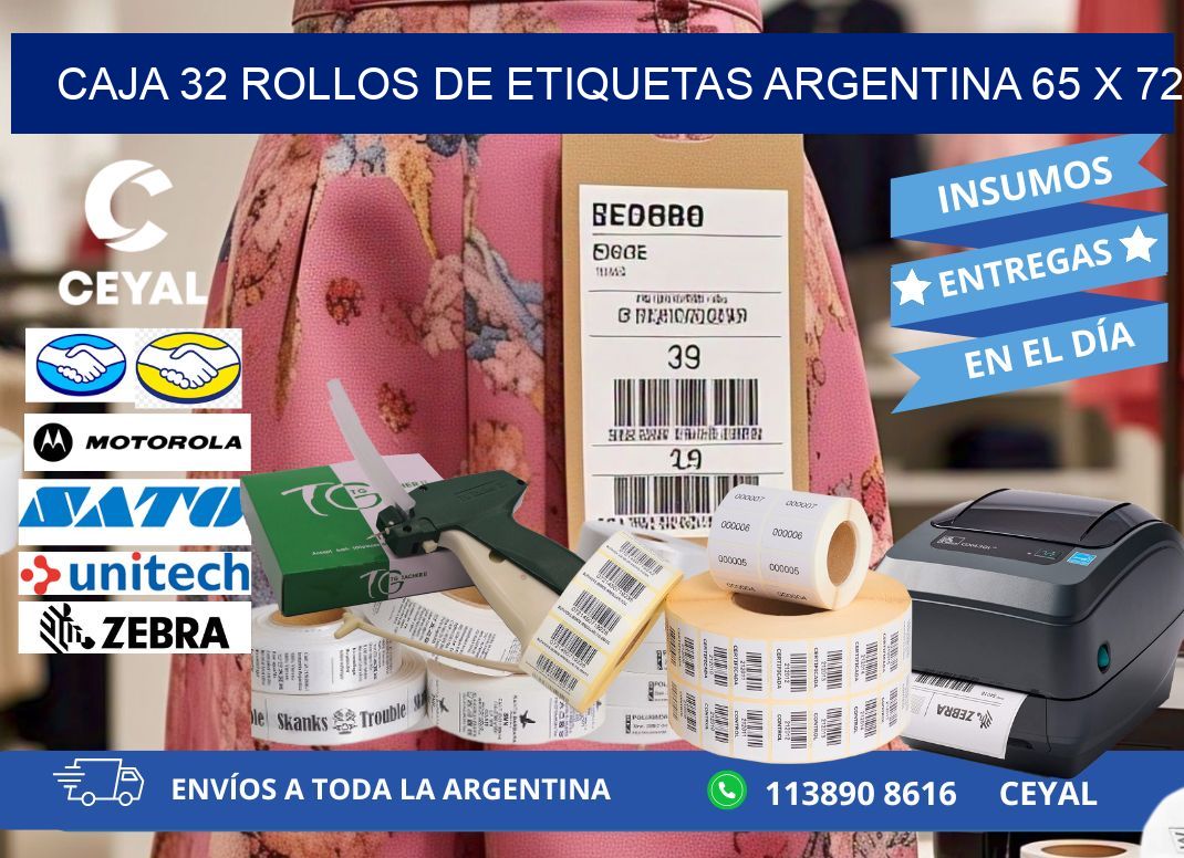 CAJA 32 ROLLOS DE ETIQUETAS ARGENTINA 65 x 72
